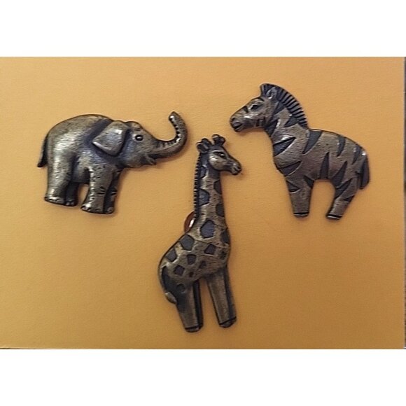 VTG JJO Jonette Animal Pewter w/Bronze Giraffe Zebra Elephant 3 Lapel Pin Set - Picture 2 of 8